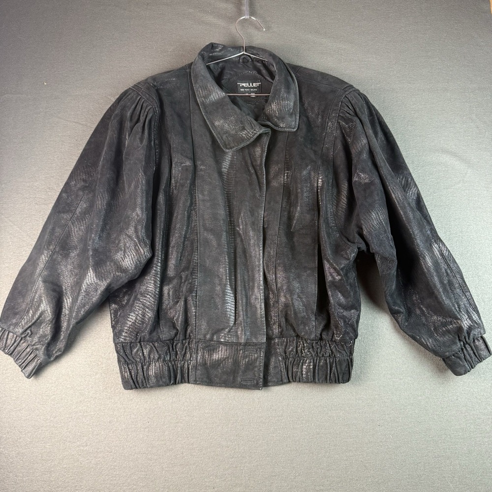 Pelle Womens Genuine Leather Jacket Black Snakeskin Embossed Bomber Size Medium